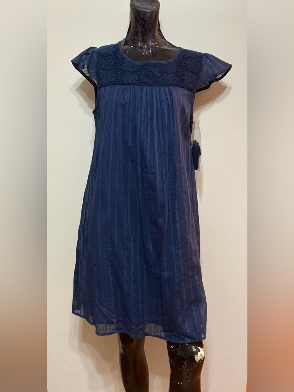 Short Navy Flutter Sleeve Crochet Yoke Dress. Item#TSd20